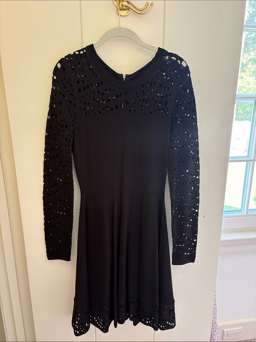Milly Black Long-Sleeve Laser-Cut Fit & Flare Dress